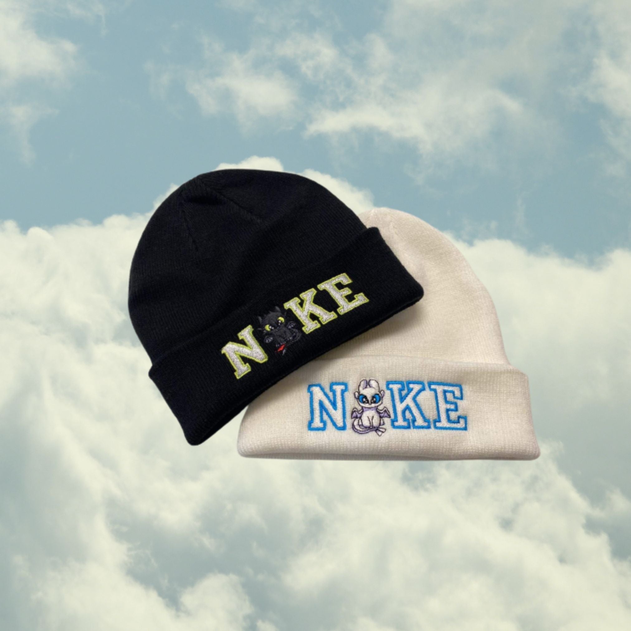 Páros hímzett sapkák fekete és fehér sárkány mintával – aranyos matchy ajándék pároknak