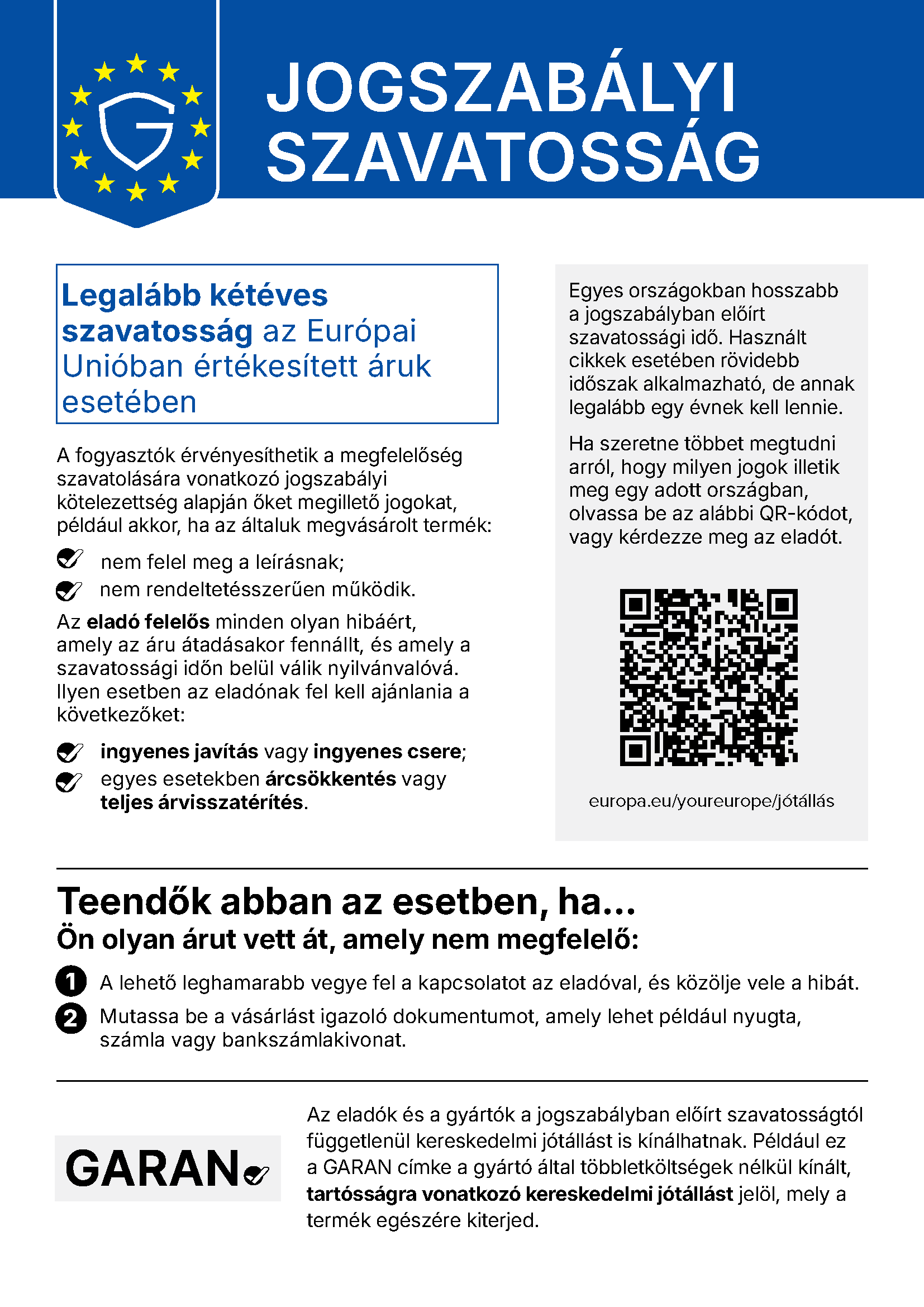 Hivatalos magyar nyelvű uniós tájékoztató a legalább kétéves jogszabályi szavatosságról